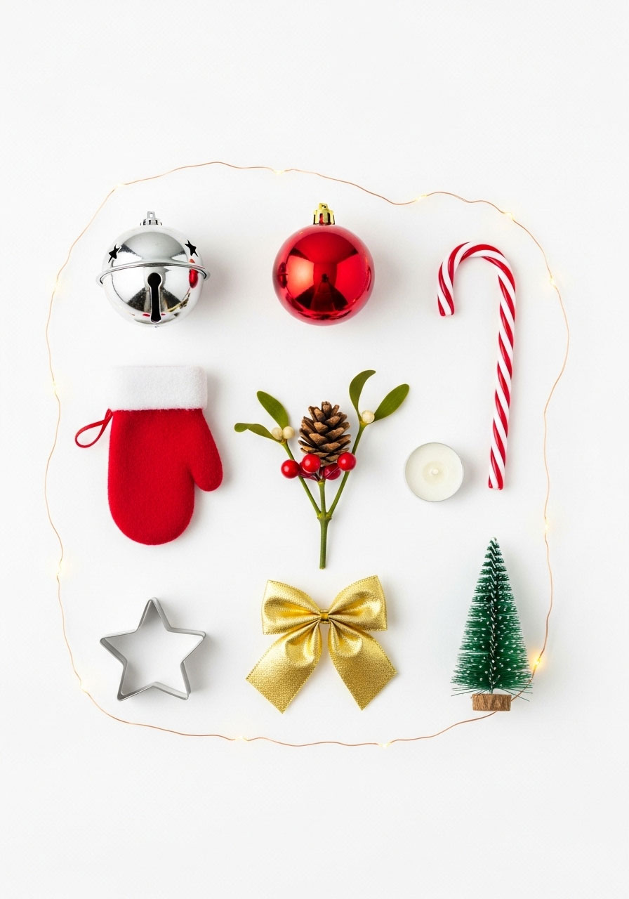 Collection of Christmas-themed items for Guess What's in the Stocking game including bells, ornaments, candy canes and winter objects
