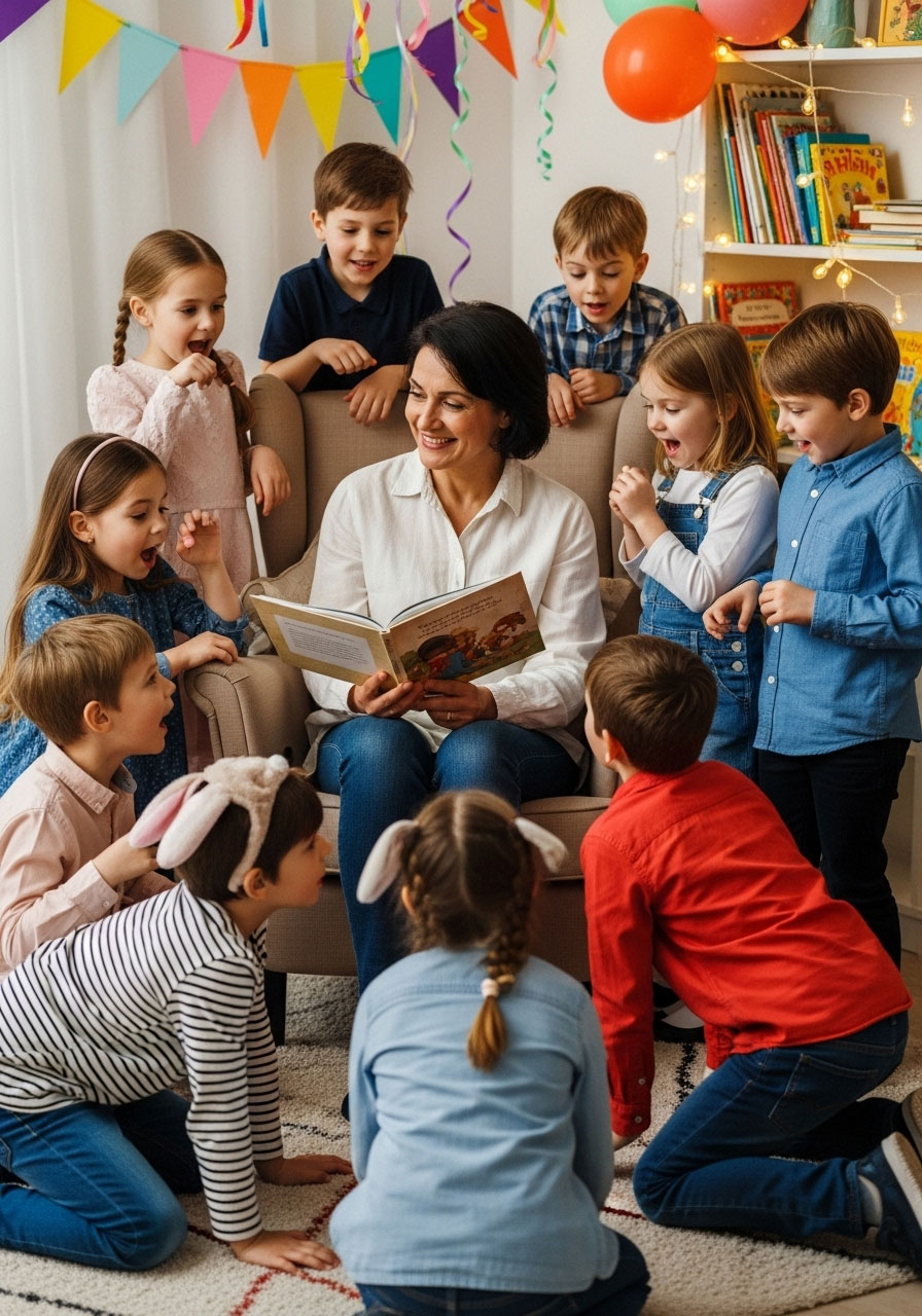 Children acting out story movements during story time charades at kindergarten birthday party