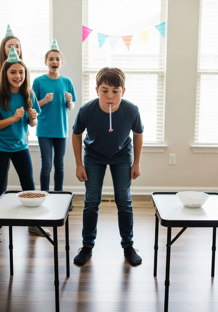 Children competing in straw and bean relay race at indoor birthday party using suction to transfer beans between bowls