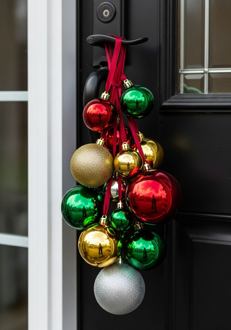 Ornaments in jewel tones strung on ribbon and clustered hanging from front door handle, creating colorful focal point