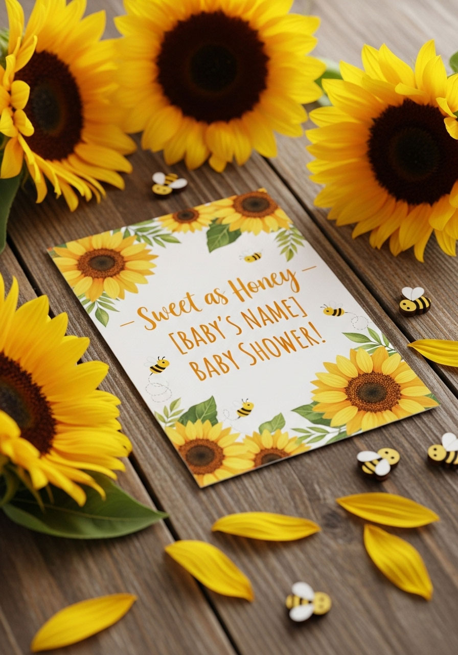 Sunflower and honeybee baby shower invitation design with bright yellow summer theme
