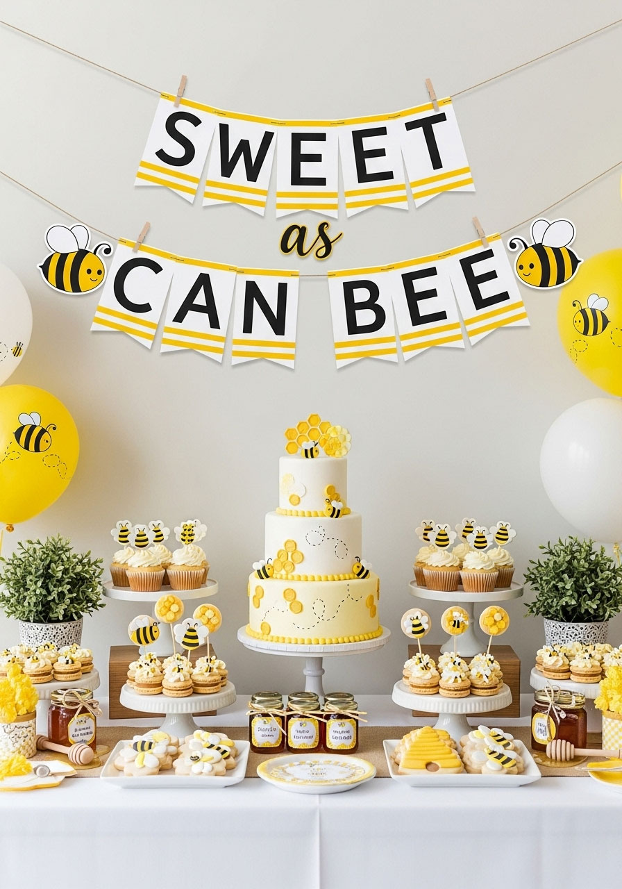 Sweet as Can Bee banner above honeybee baby shower dessert table with cakes and treats