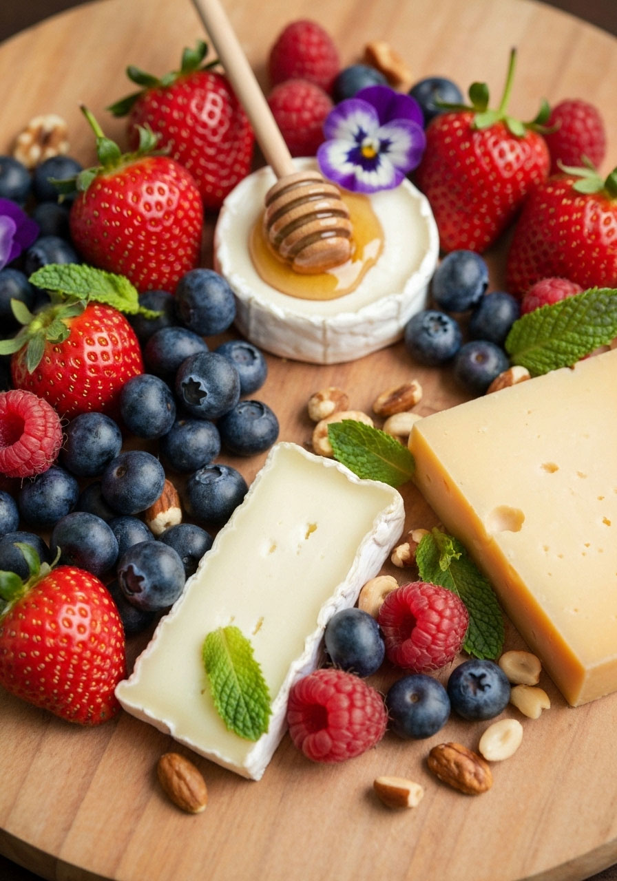 Sweet fruit and honey Thanksgiving charcuterie board with fresh berries, multiple honeys and soft cheeses