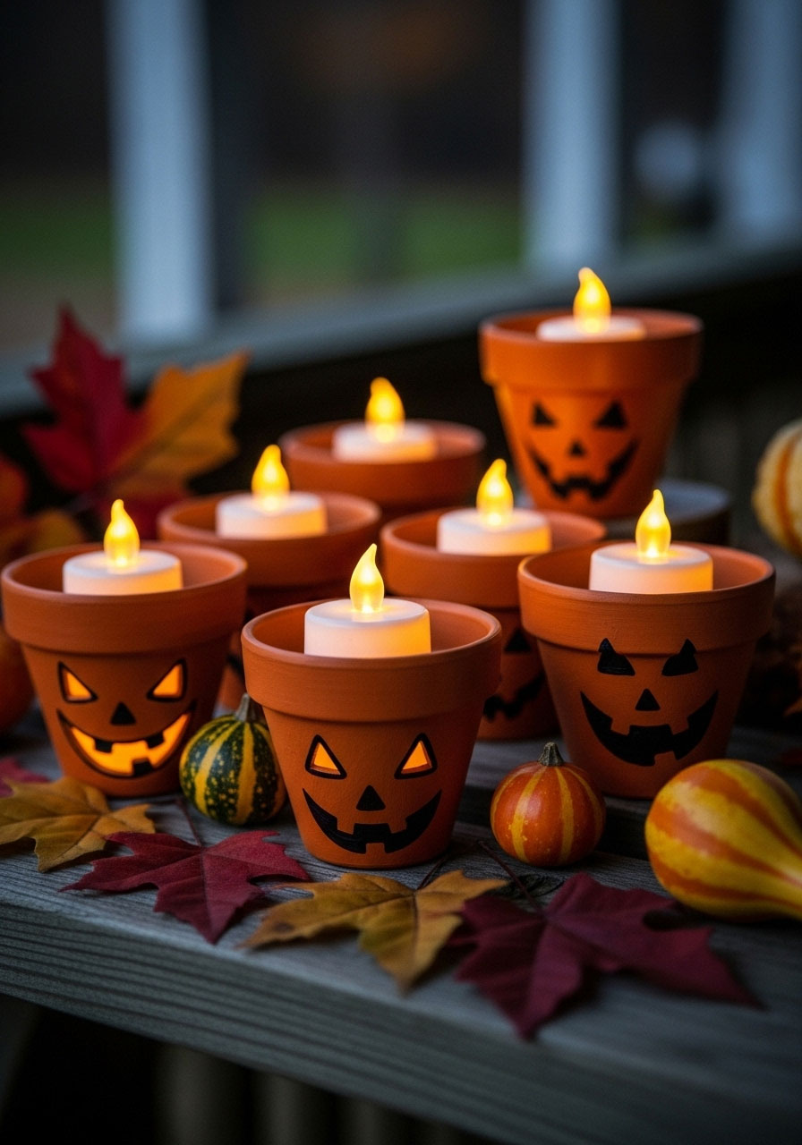 Tea light pumpkins craft made from painted terracotta pots for kids