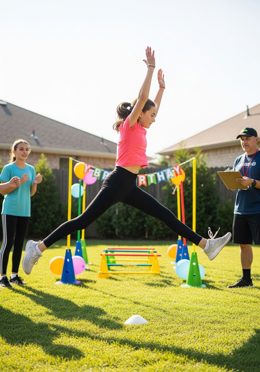 Teenage girl completing jumping jacks physical challenge at outdoor birthday scavenger hunt