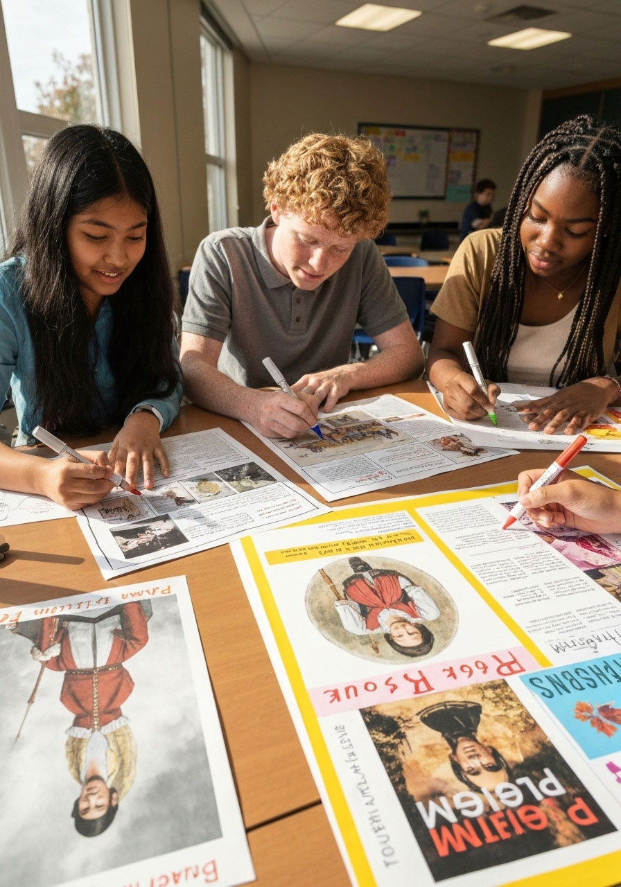 High school students creating a Teen Pilgrim Magazine for Thanksgiving history project in classroom with poster boards and creative materials