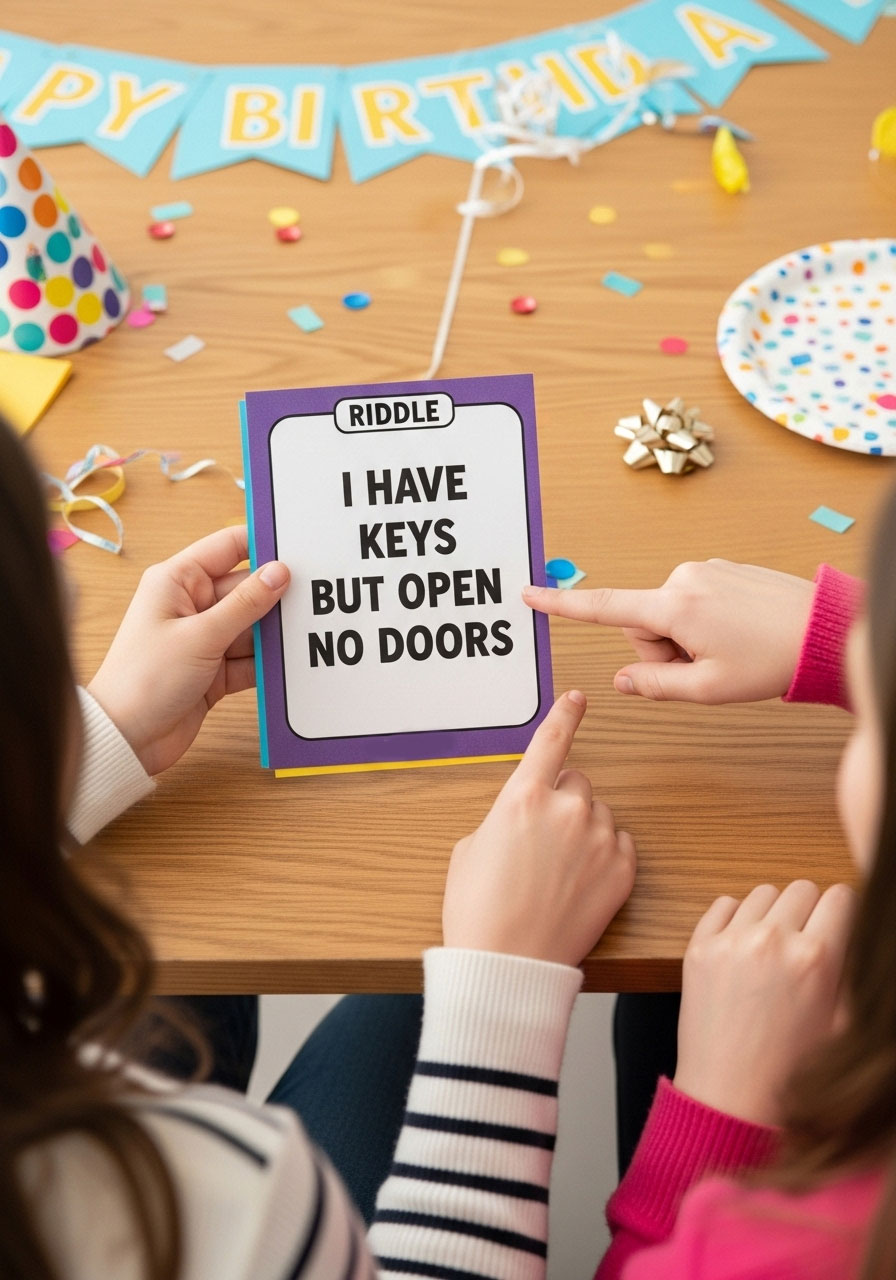 Teenagers solving riddle clue card during 13th birthday scavenger hunt party