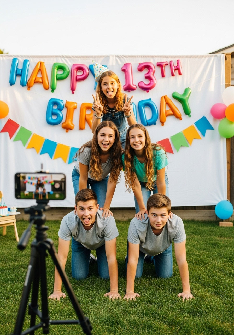 Teenagers completing photo challenge by forming human pyramid at 13th birthday scavenger hunt