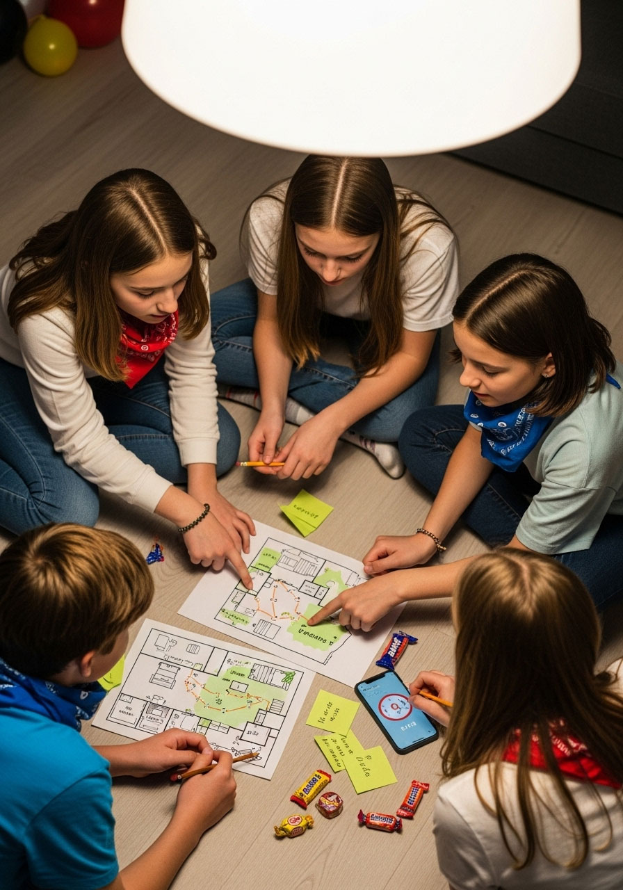 Team of teenagers planning scavenger hunt strategy and reviewing clues together at birthday party