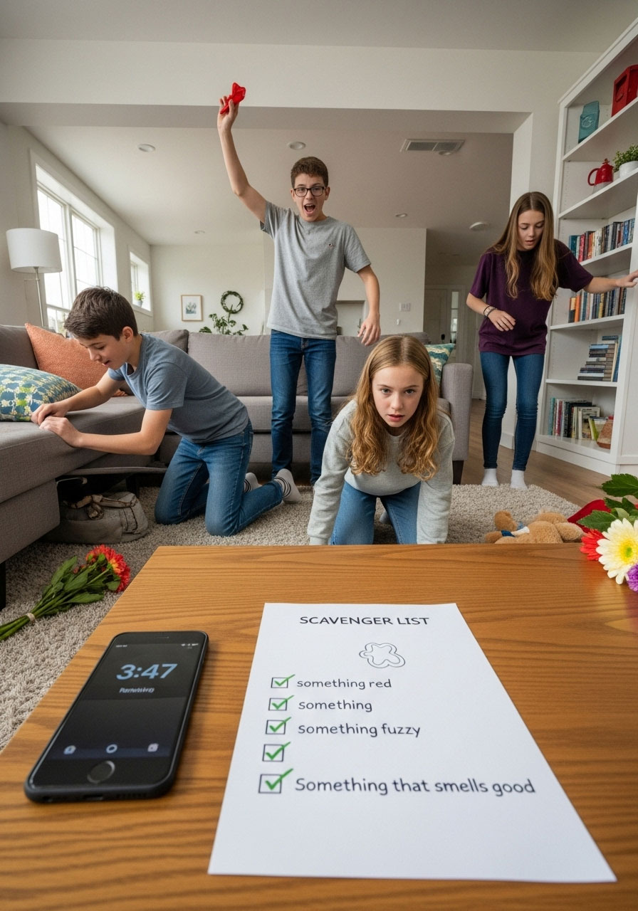 Group of teenagers racing against timer to find items from scavenger list at birthday party
