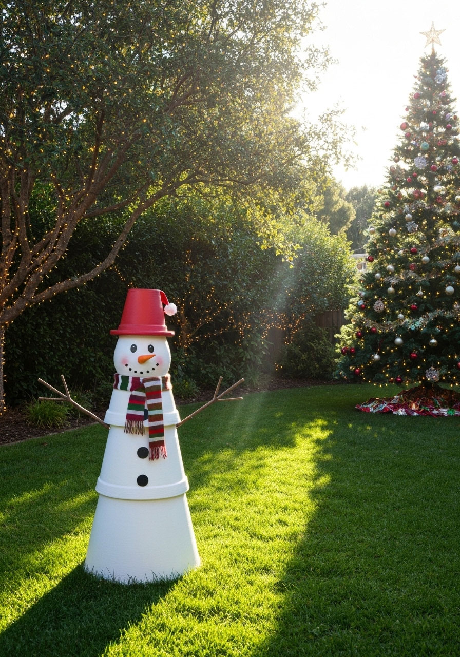 DIY snowman from stacked white-painted terra cotta pots
