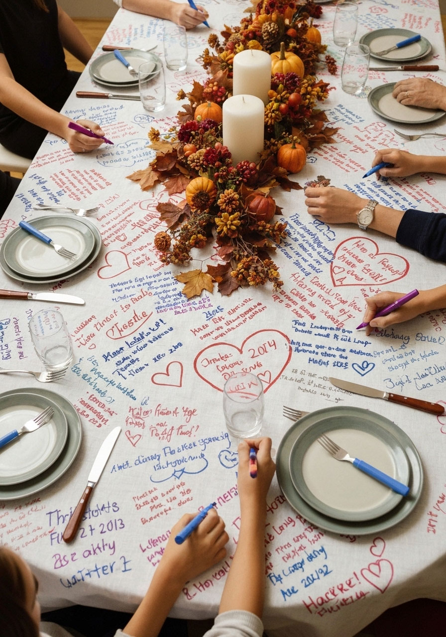 Family writing gratitude messages with fabric markers on white Thanksgiving tablecloth tradition, showing multiple years of thankful entries and signatures