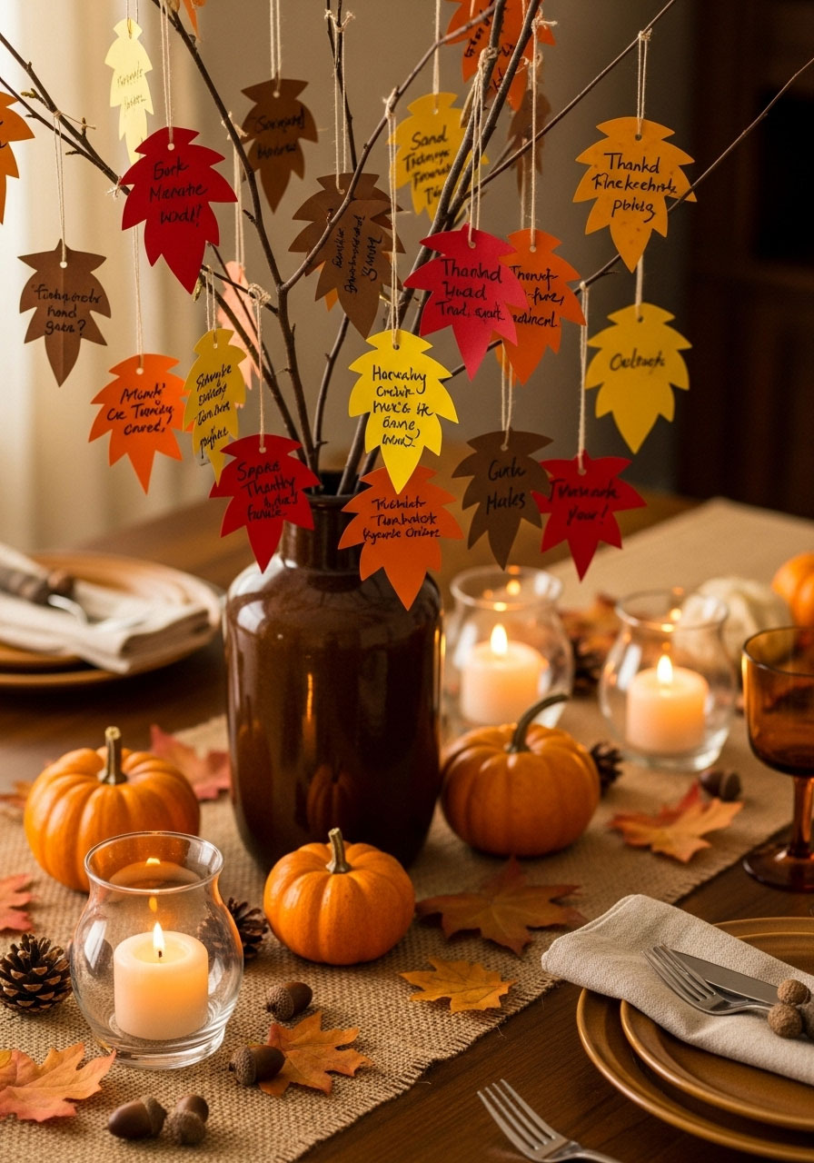 DIY thankful tree centerpiece with colorful paper leaves containing gratitude messages hanging from branches in vase on Thanksgiving dinner table