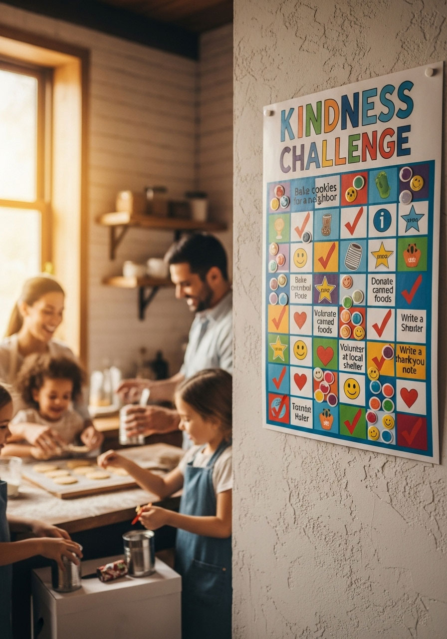 Colorful acts of kindness challenge chart on wall with completed activities checked off, showing family doing charitable Thanksgiving activities in background