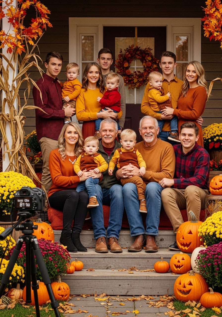 Extended family posing together for annual Thanksgiving group photo on decorated front porch