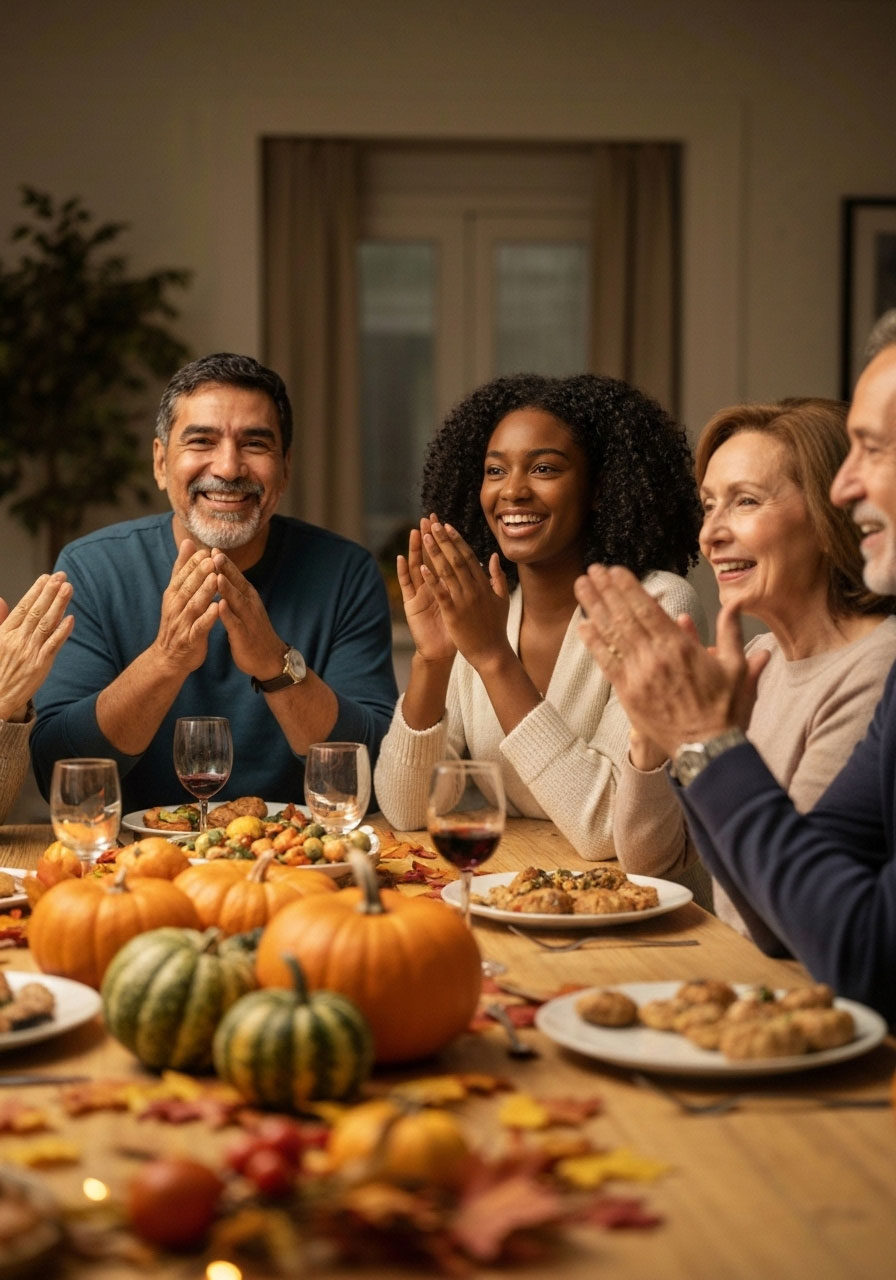 Family members sharing appreciation and compliments during Thanksgiving gratitude game around dinner table
