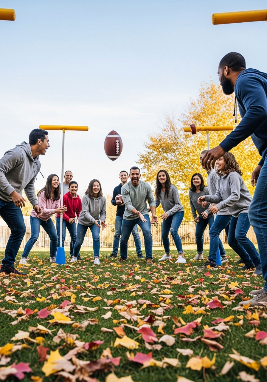 Multi-generational family playing touch football together in backyard on Thanksgiving morning