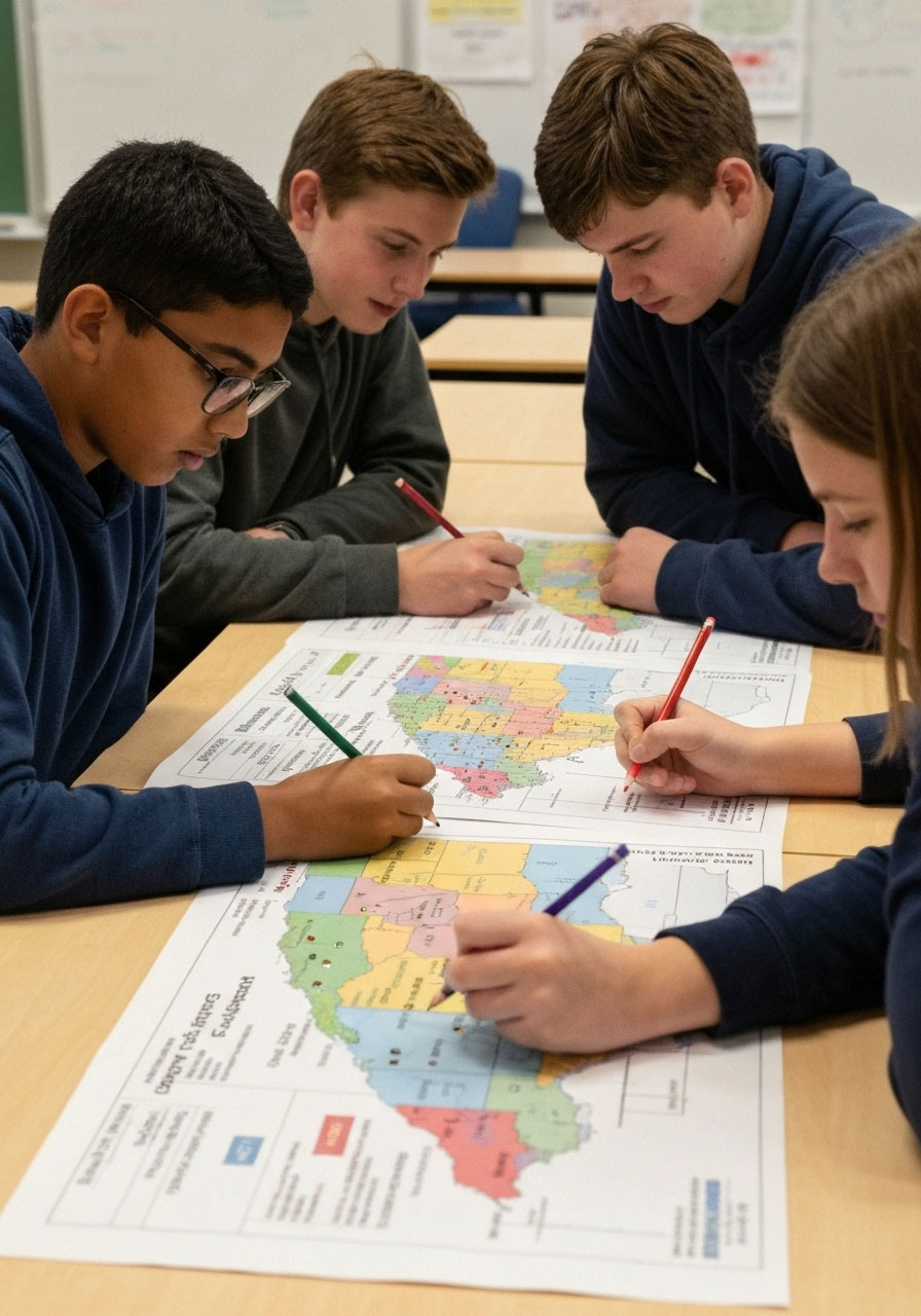 High school students creating color-coded US maps showing cranberry sweet potato and turkey production for Thanksgiving geography lesson