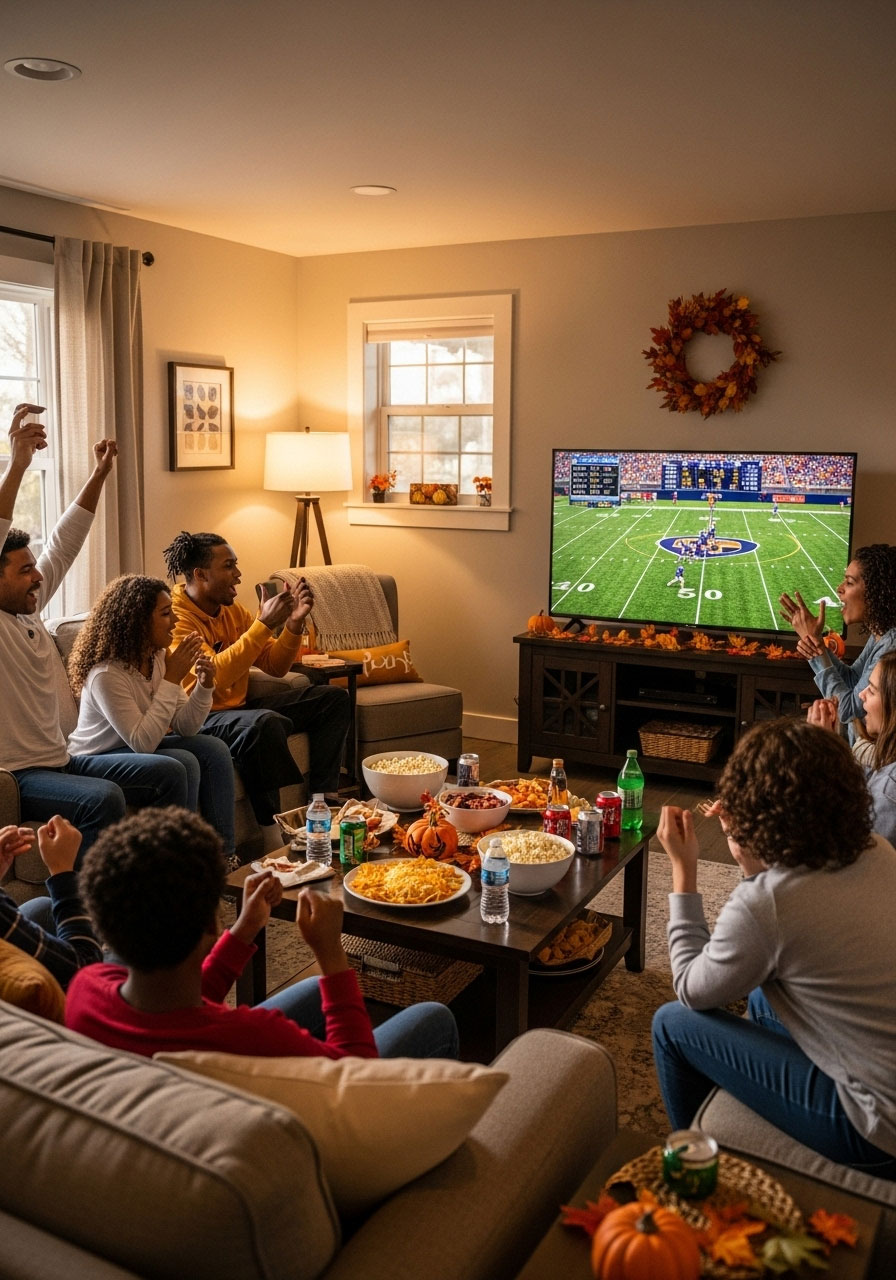 Family watching Thanksgiving Day football game on TV together with snacks and festive decorations
