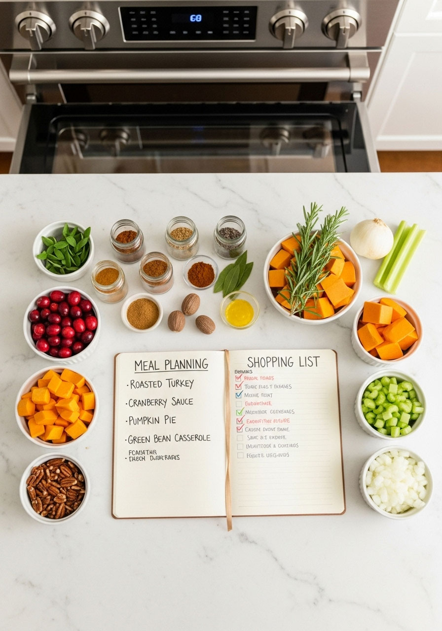 Thanksgiving dinner preparation checklist with menu planning notebook, shopping list, and organized ingredients on kitchen counter