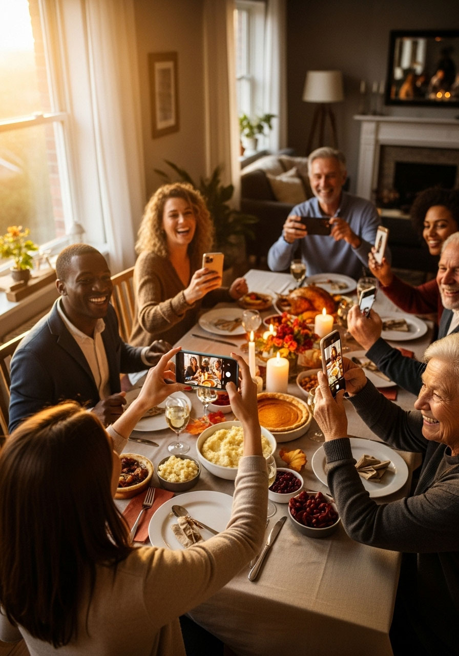 Capturing precious Thanksgiving dinner memories with family photos showing authentic moments of laughter and togetherness