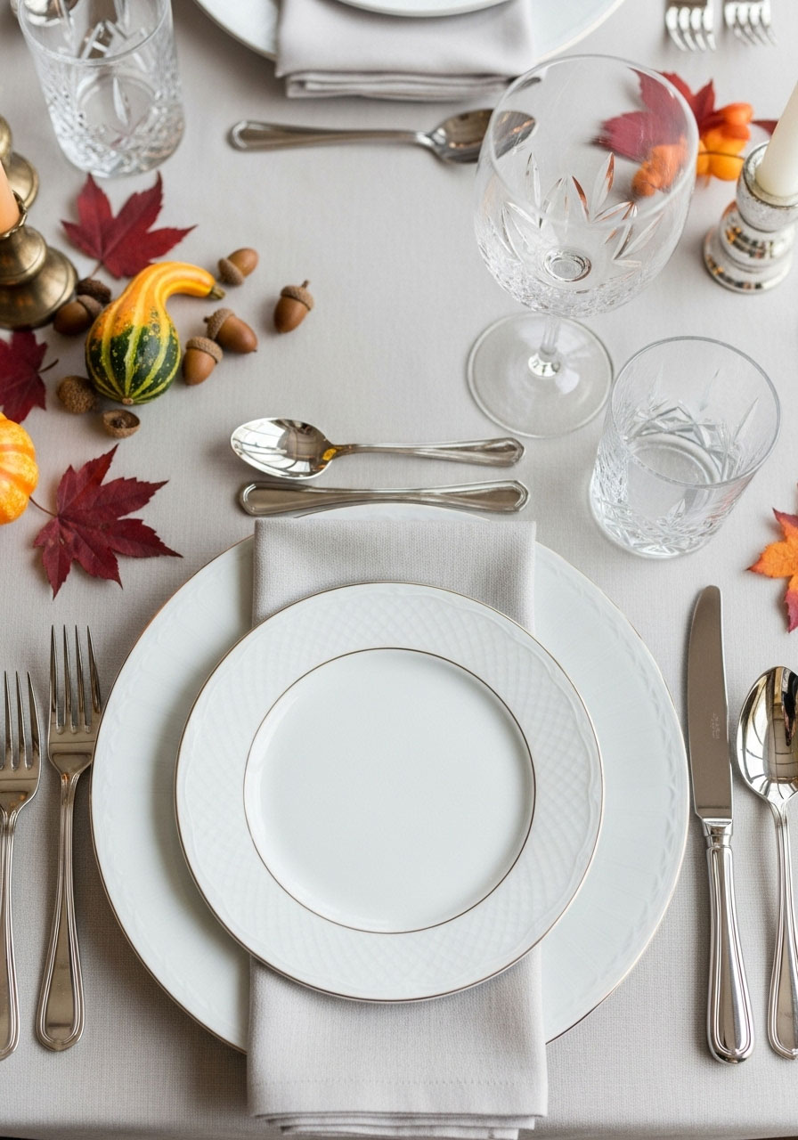 Complete Thanksgiving dinner place setting with plates, glasses, silverware, and linen napkin arrangement guide