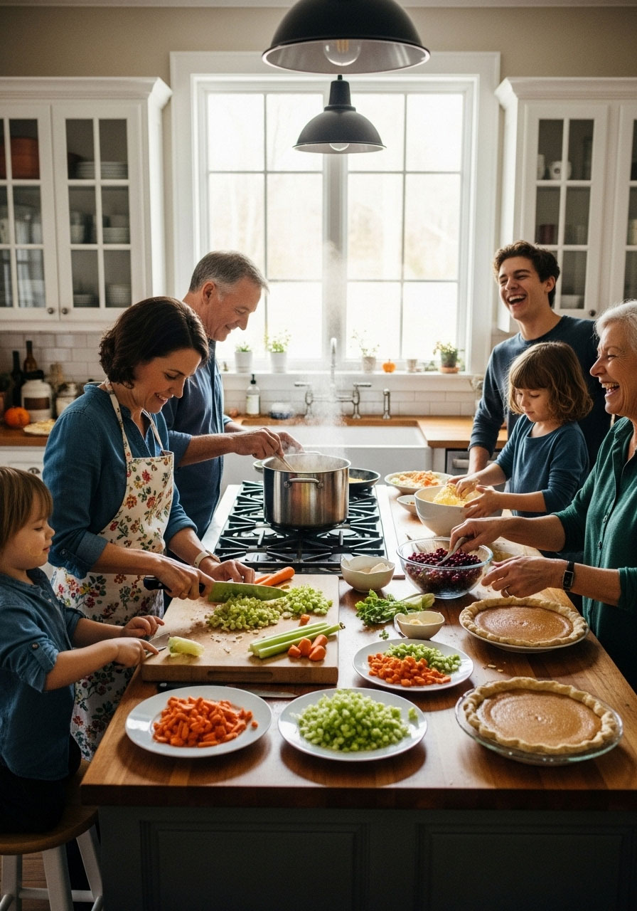 Friends and family working together in kitchen preparing Thanksgiving dinner showing collaborative hosting approach