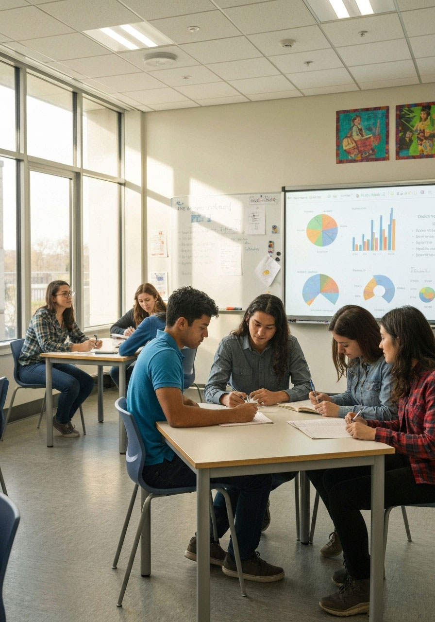 High school students exploring Thanksgiving economics analyzing spending data turkey prices and holiday industry impact in classroom