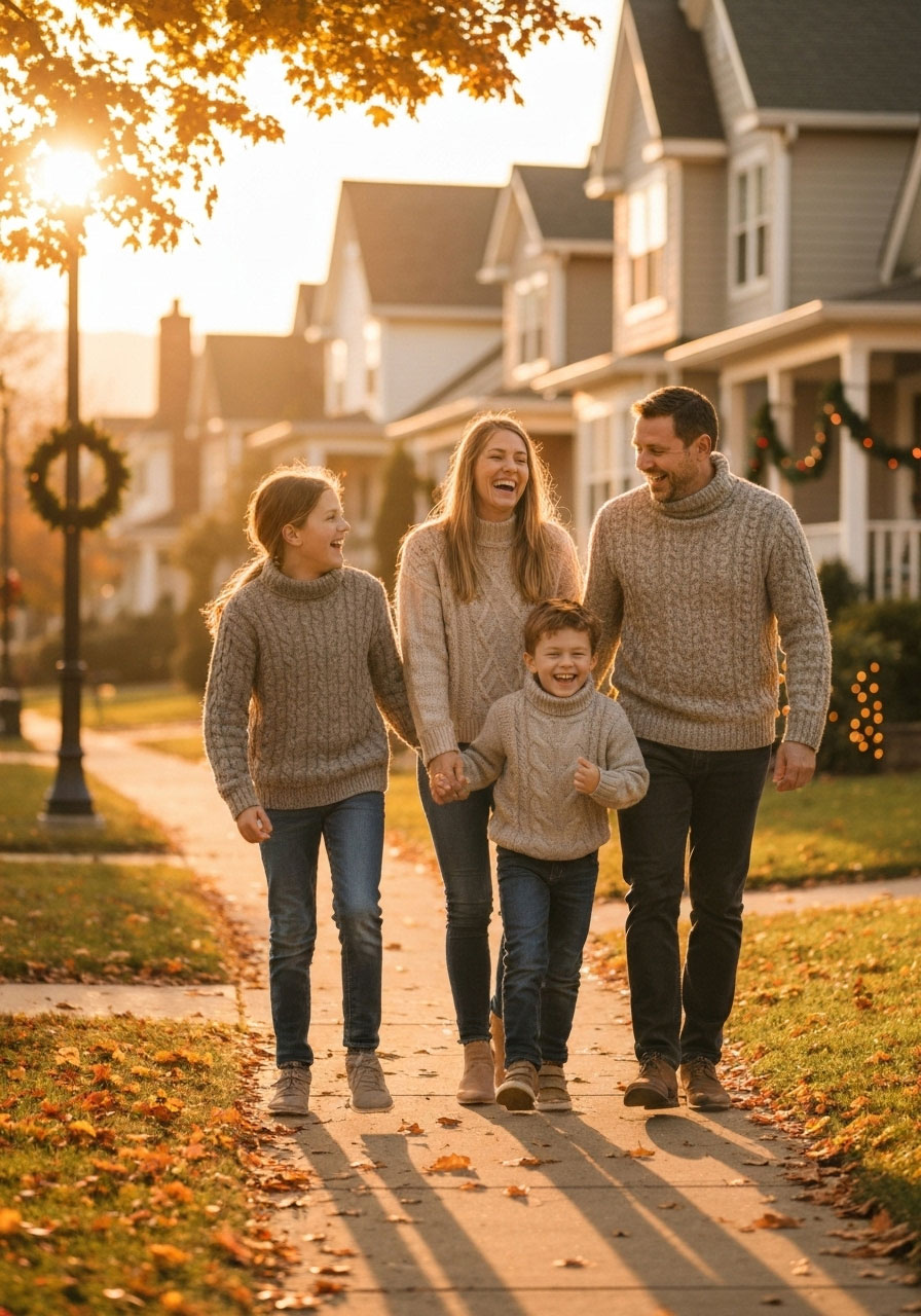 Family enjoying post-Thanksgiving dinner gratitude walk together through neighborhood with fall foliage and decorations