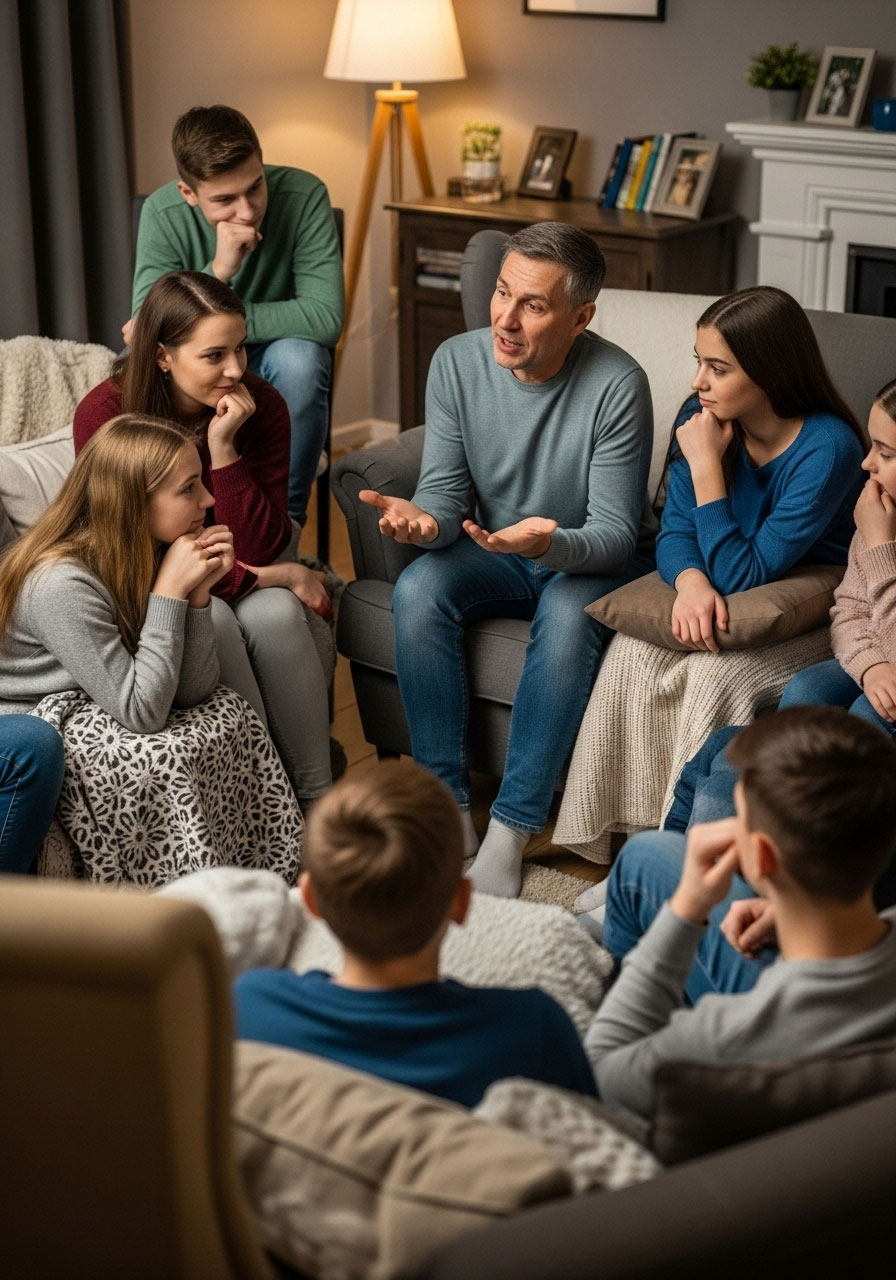 Family sitting in intimate circle sharing secrets and bonding on Thanksgiving morning in cozy living room