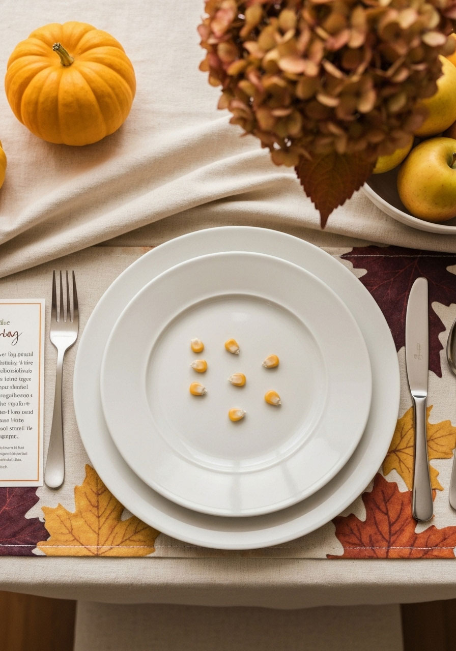 Thanksgiving place setting featuring five kernels of corn tradition with fall table decorations and elegant dinnerware