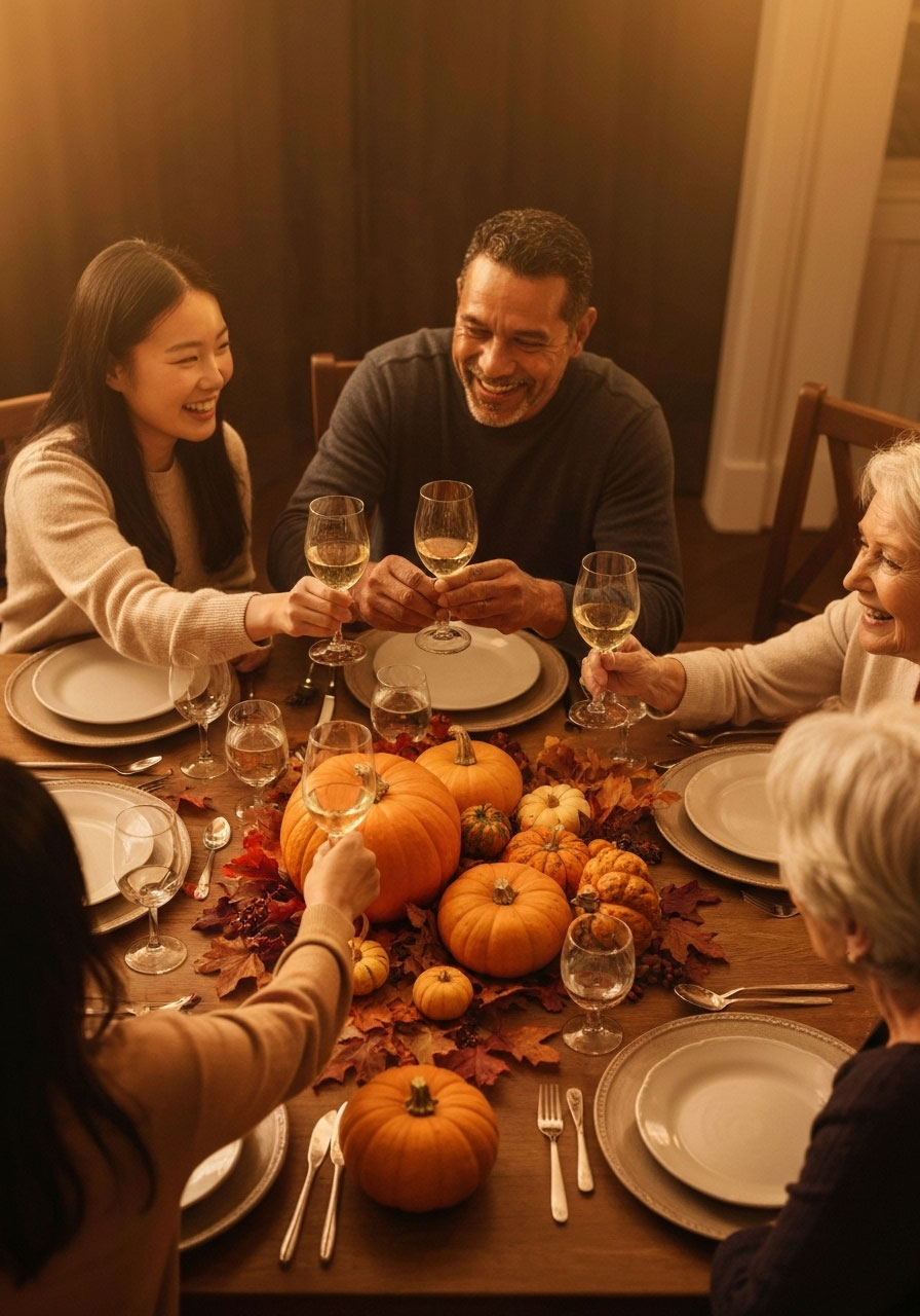 Family and friends gathering around beautifully decorated Thanksgiving dinner table with fall decorations and festive atmosphere