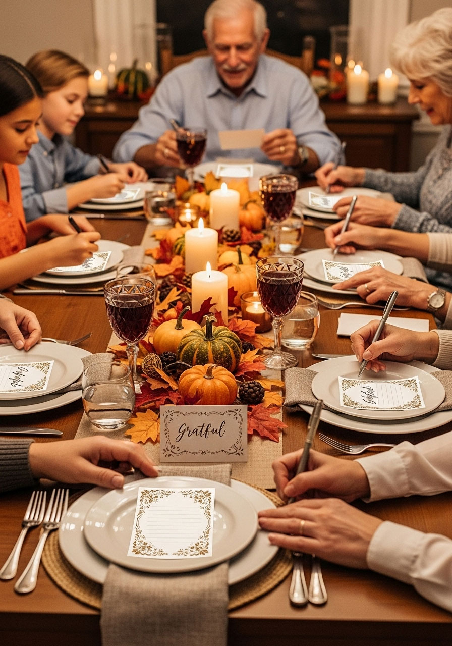 Family writing grateful appreciation notes to place under Thanksgiving dinner table place settings