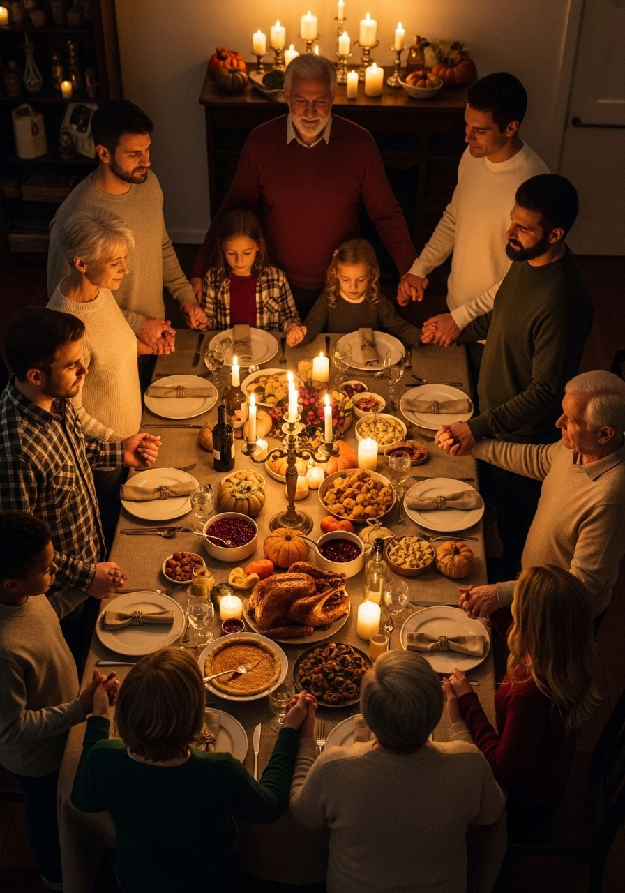 Multigenerational family holding hands in gratitude circle around Thanksgiving dinner table before meal, showing intimate moment of thankfulness and connection