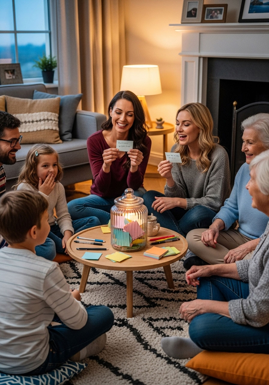 Family sitting in circle playing gratitude guessing game with jar of thankful notes on Thanksgiving morning