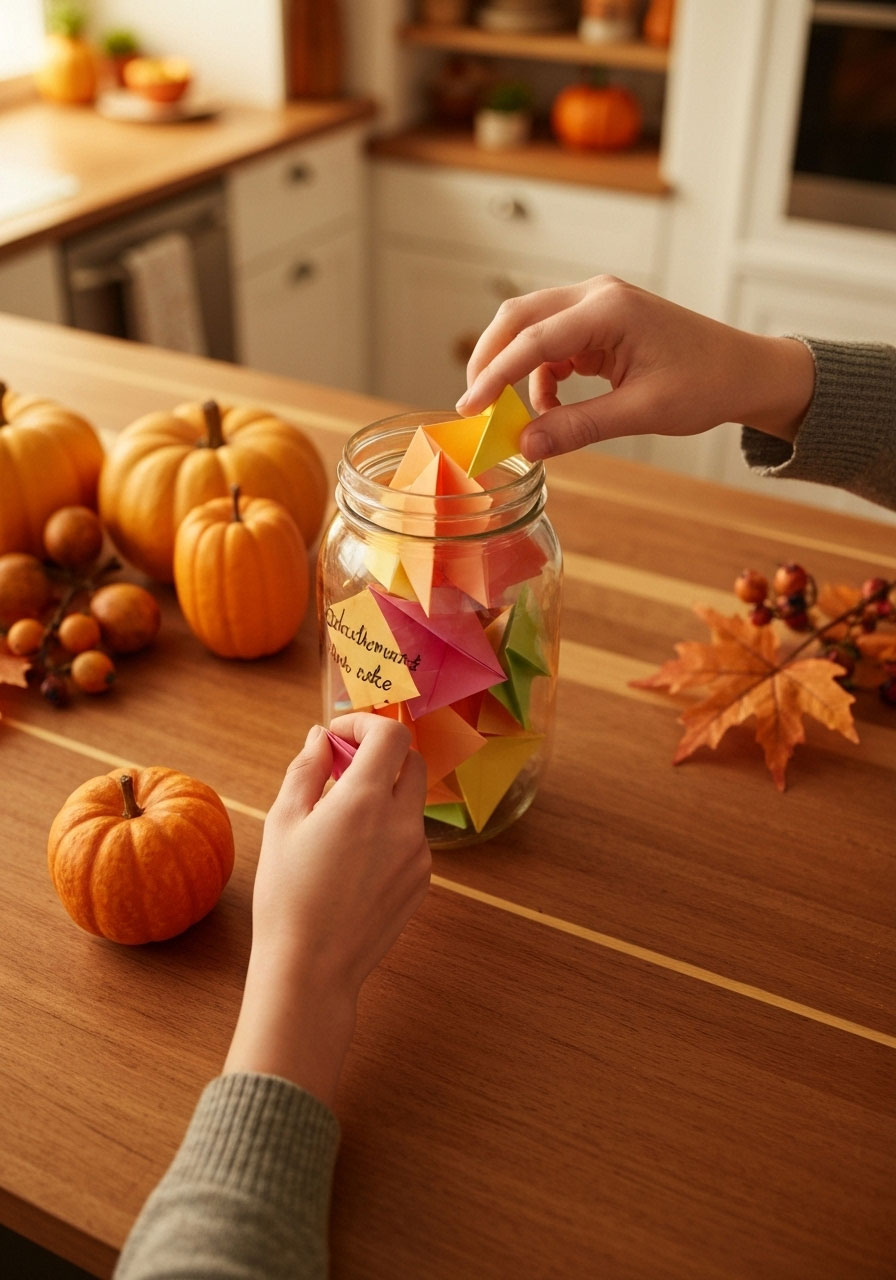 Family gathering around a gratitude jar filled with colorful thankful notes on Thanksgiving, showing hands adding paper slips to decorated mason jar on kitchen counter