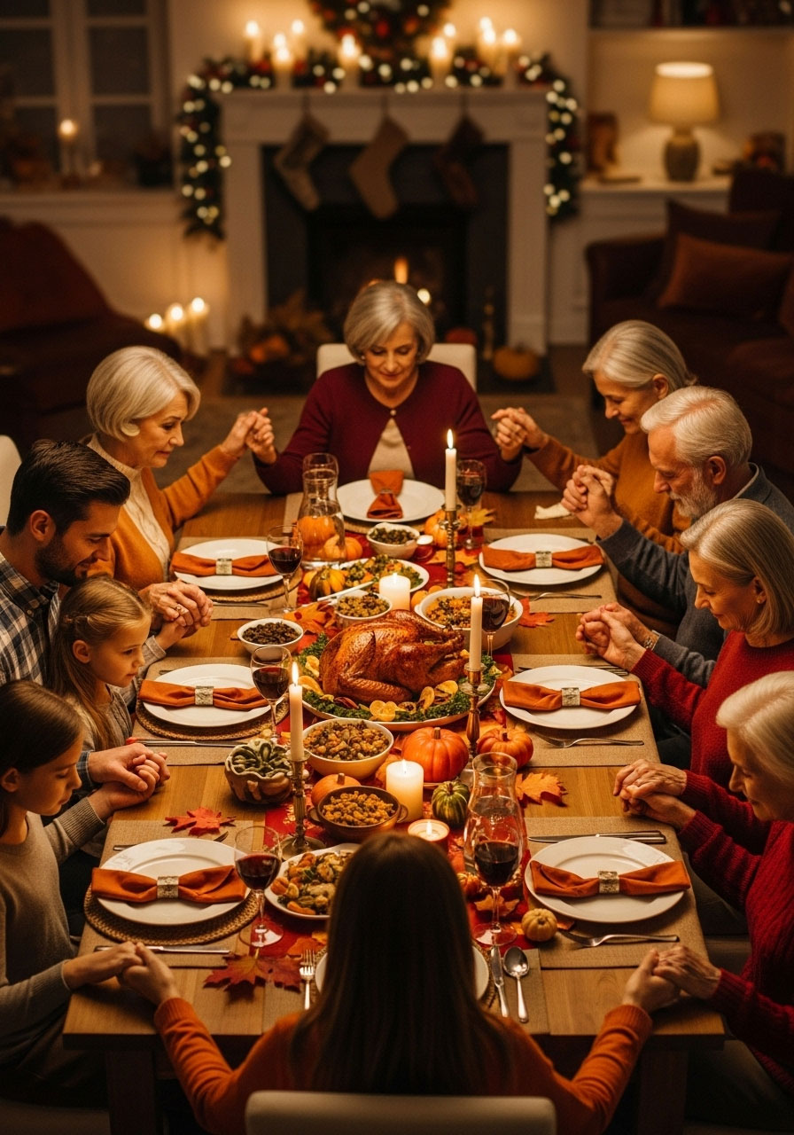 Thanksgiving dinner gratitude moment with family and friends gathered around table expressing thankfulness together