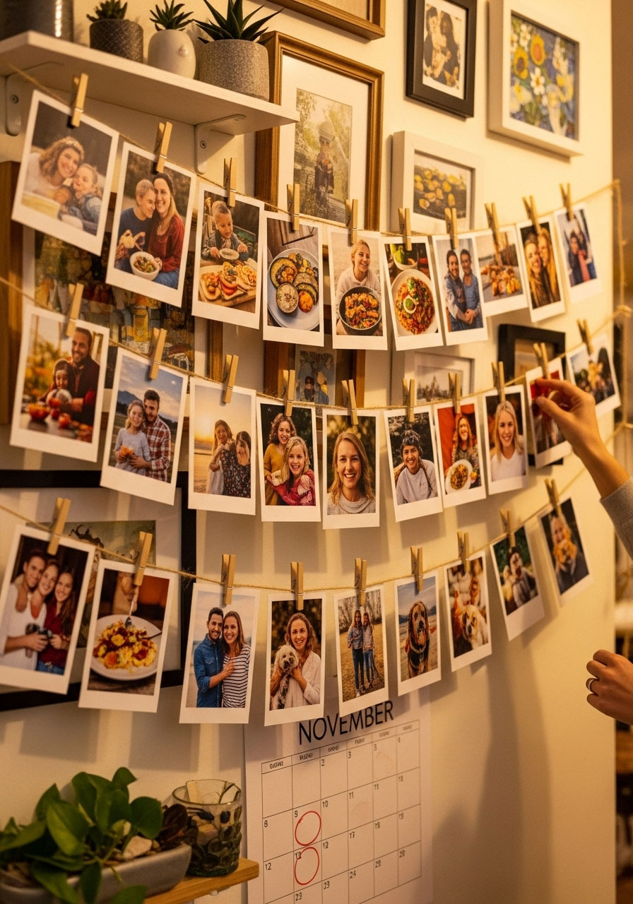 String of printed photos displaying 30 days of gratitude moments hung with clothespins on wall as Thanksgiving photo challenge display