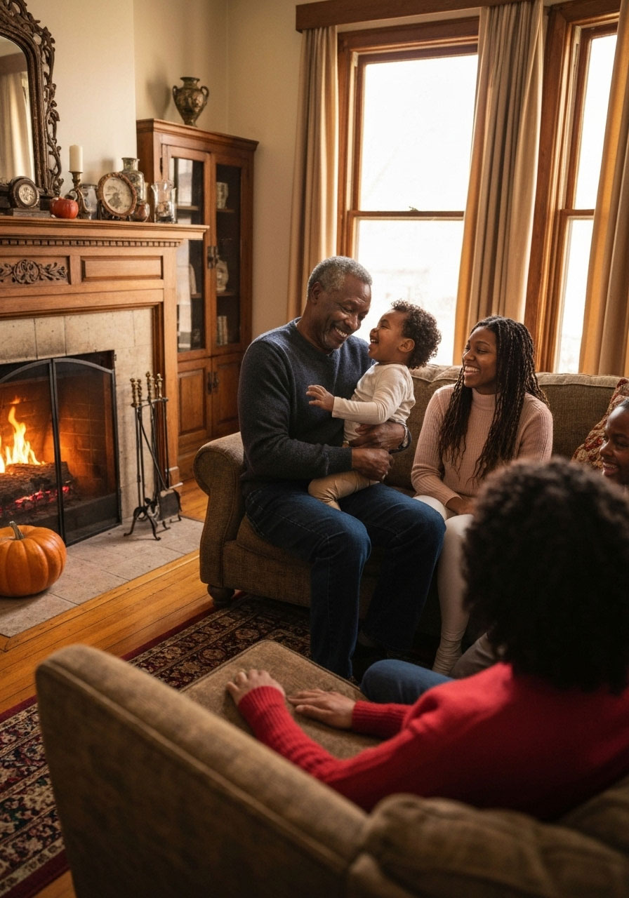 Family creating and sharing gratitude playlist on Thanksgiving, showing music streaming device and multiple generations enjoying songs together in living room