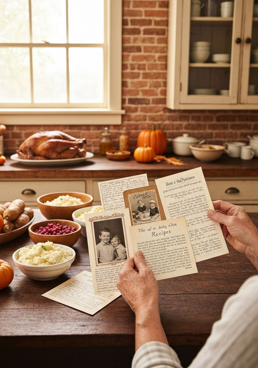 Handwritten recipe cards with gratitude stories being organized into family Thanksgiving cookbook, showing dishes and photos on kitchen table
