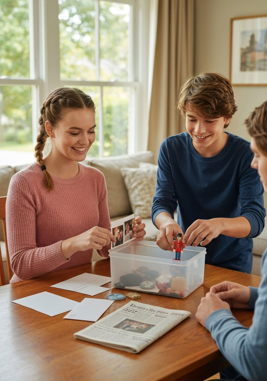 Family creating Thanksgiving gratitude time capsule, placing letters and photos in container with "open 2030" label for future memories