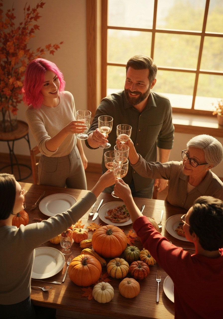 Family members raising glasses for gratitude toast at Thanksgiving dinner table with autumn decorations