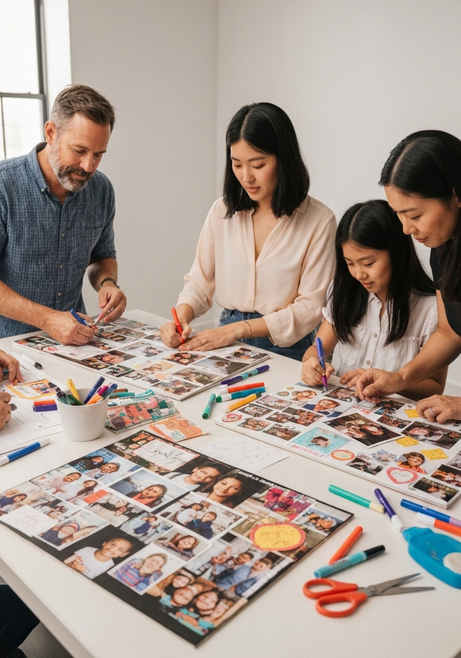 Family creating gratitude in action vision boards with magazine cutouts, photos, and goals for showing thankfulness throughout the year on Thanksgiving