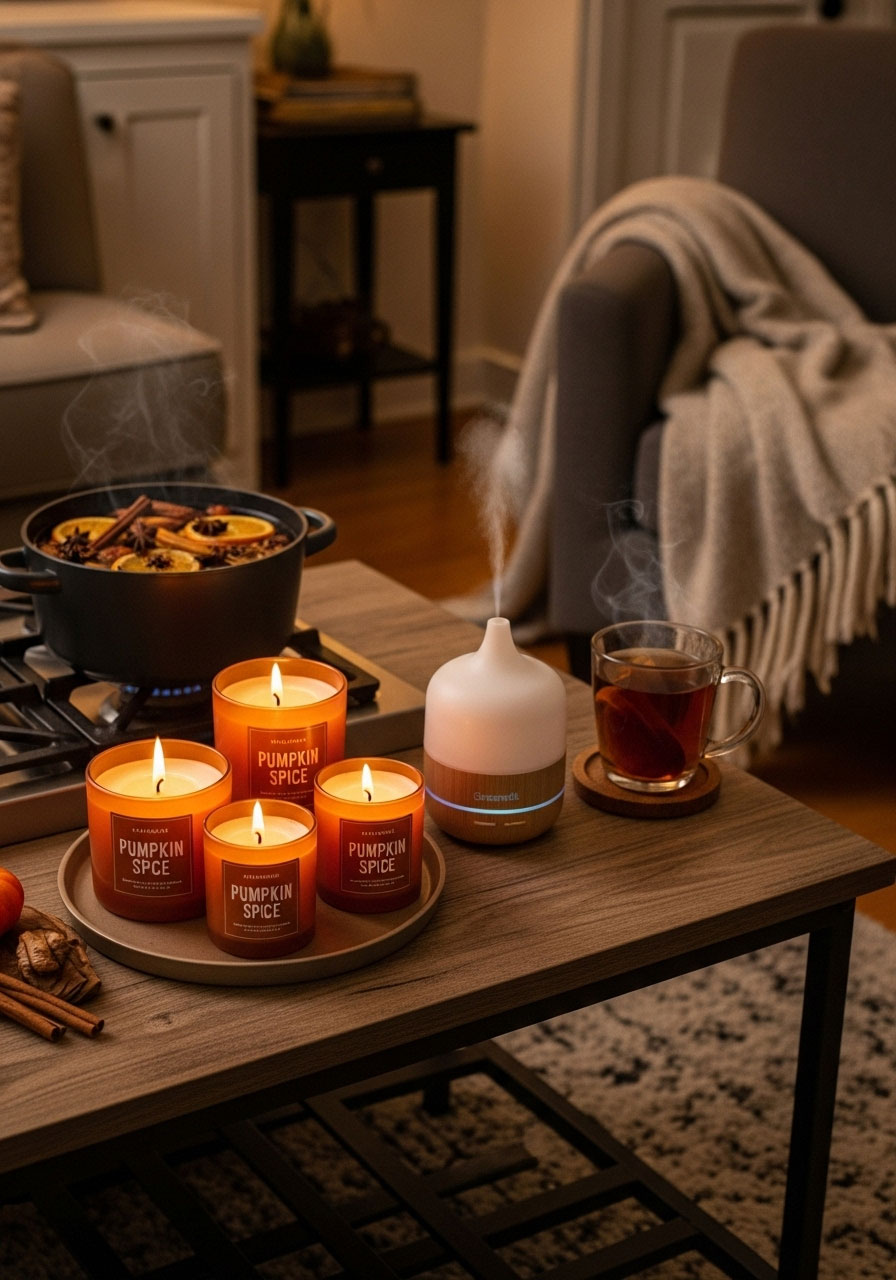 Thanksgiving home fragrance setup with scented candles, essential oil diffuser, and stovetop potpourri for festive atmosphere