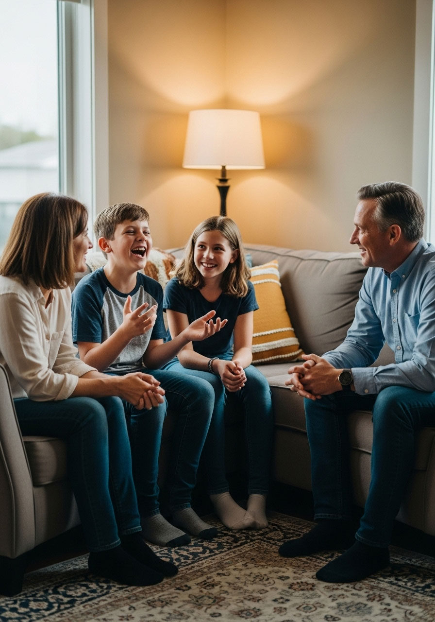 Children sharing consequence-free confessions with laughing parents during Thanksgiving morning tradition