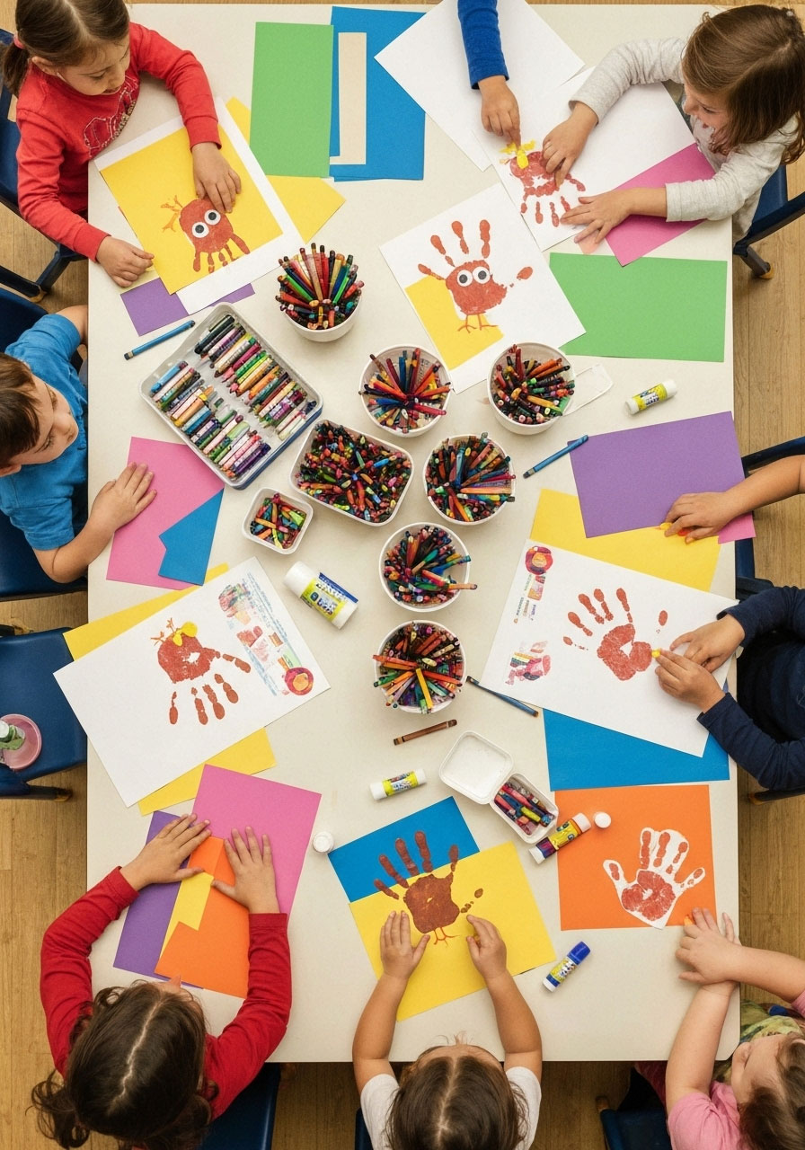 Children creating Thanksgiving gratitude crafts including handprint turkeys at colorful craft station with art supplies