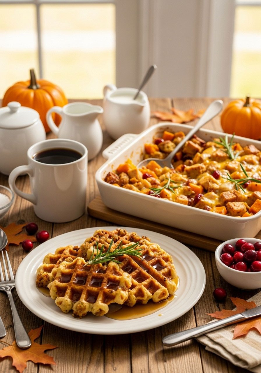 Creative Thanksgiving leftover breakfast featuring stuffing waffles and turkey casserole for day-after meal