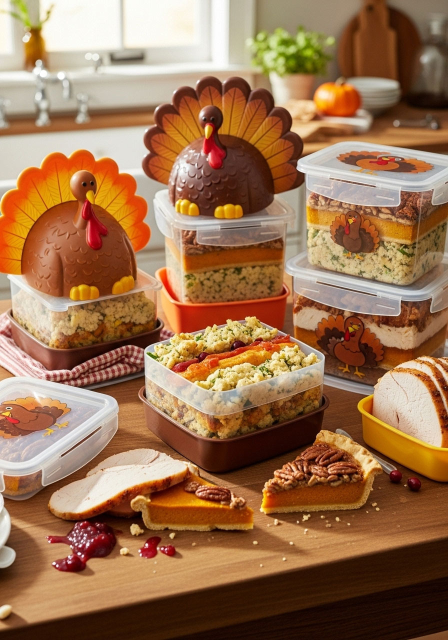 Adorable Thanksgiving leftover containers filled with turkey, sides, and pie ready for guests to take home