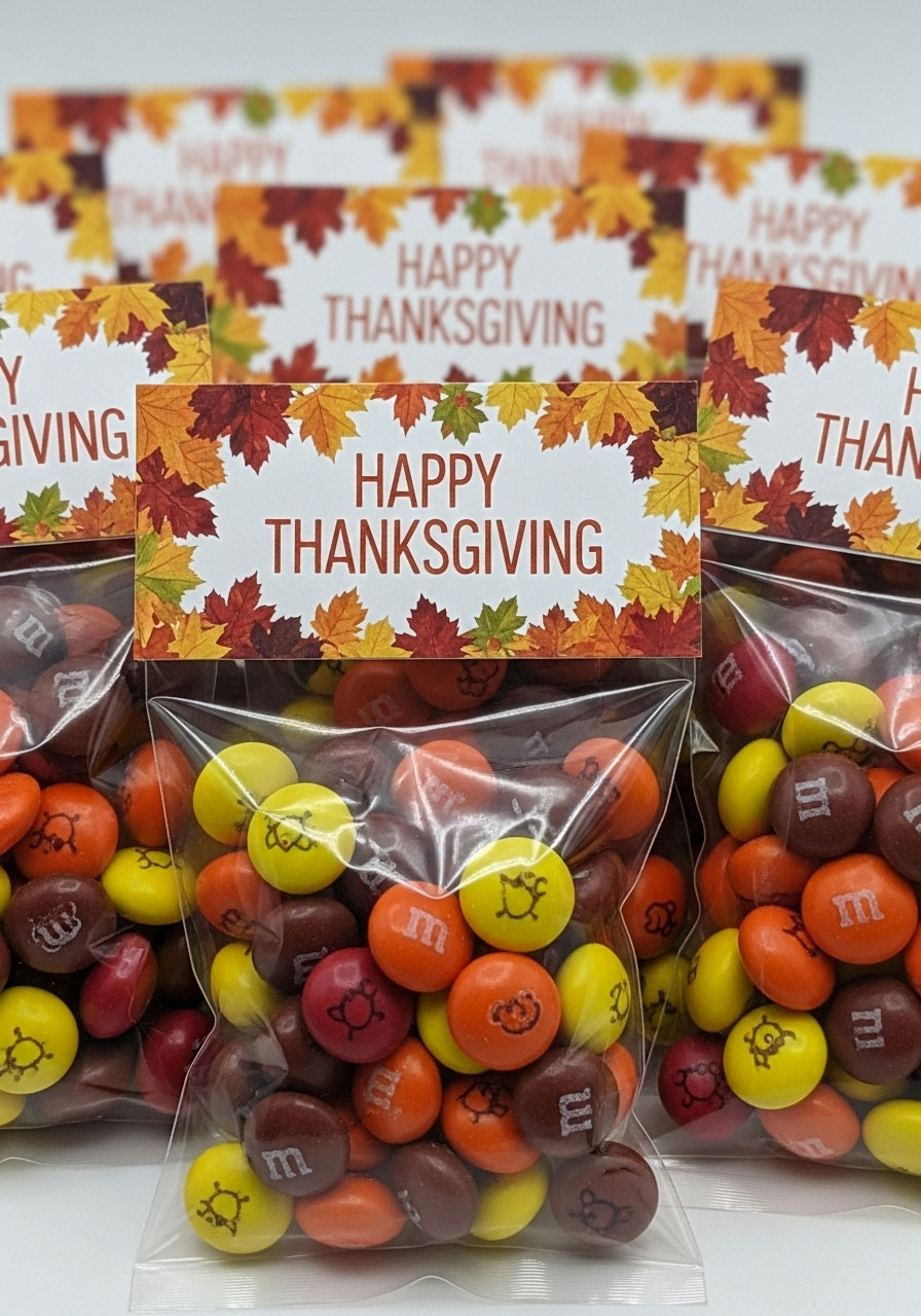 Thanksgiving M&Ms in clear bags with festive labels perfect for easy classroom party treats
