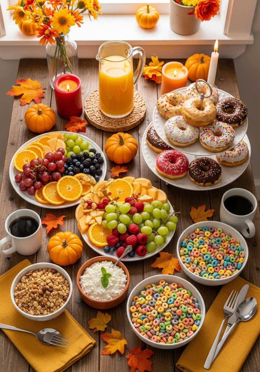 Family enjoying a special Thanksgiving morning breakfast with fruit platters, donuts, and coffee on a decorated table